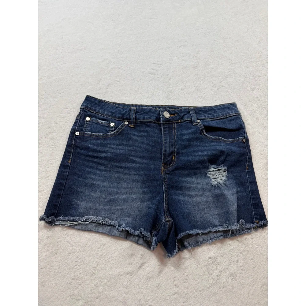 Indigo Rein Denim Shorts Womens 15/31 Blue Good Distressed Raw Hem RR3578C13TI
